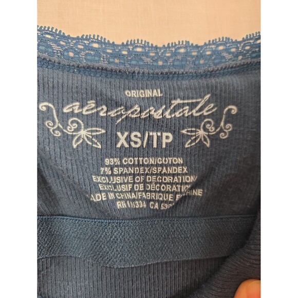 Y2K Aeropostale Cami Tank Top Shelf Bra Lace Trim Blue Ribbed Sz XS Embellished - Picture 8 of 8